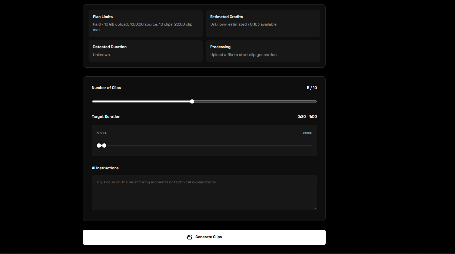 AI video clip maker controls for clip count, duration, and selection instructions