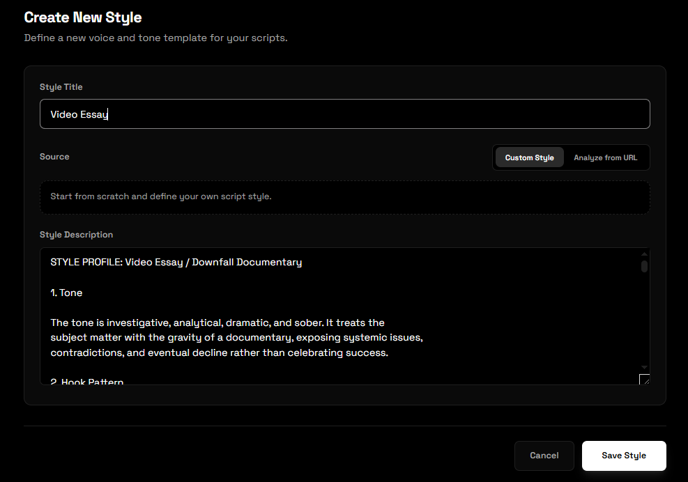 CreatubeAI YouTube script style profile creation and analysis