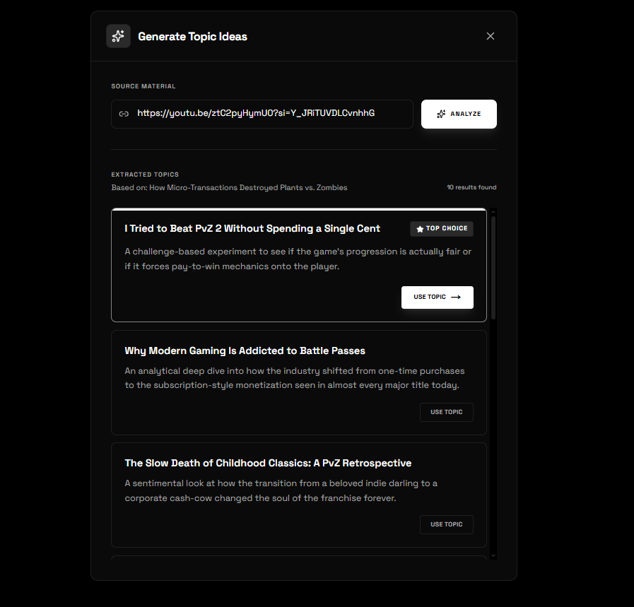 CreatubeAI YouTube video idea generator results from a source URL
