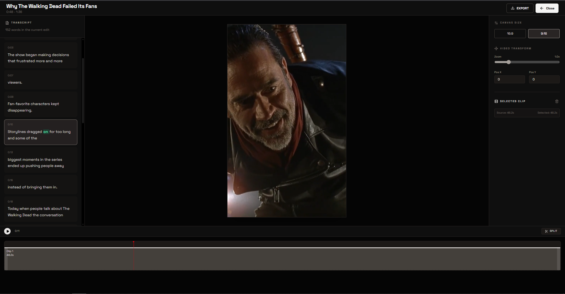 Short video clip editor with trimming, splitting, framing, and export controls